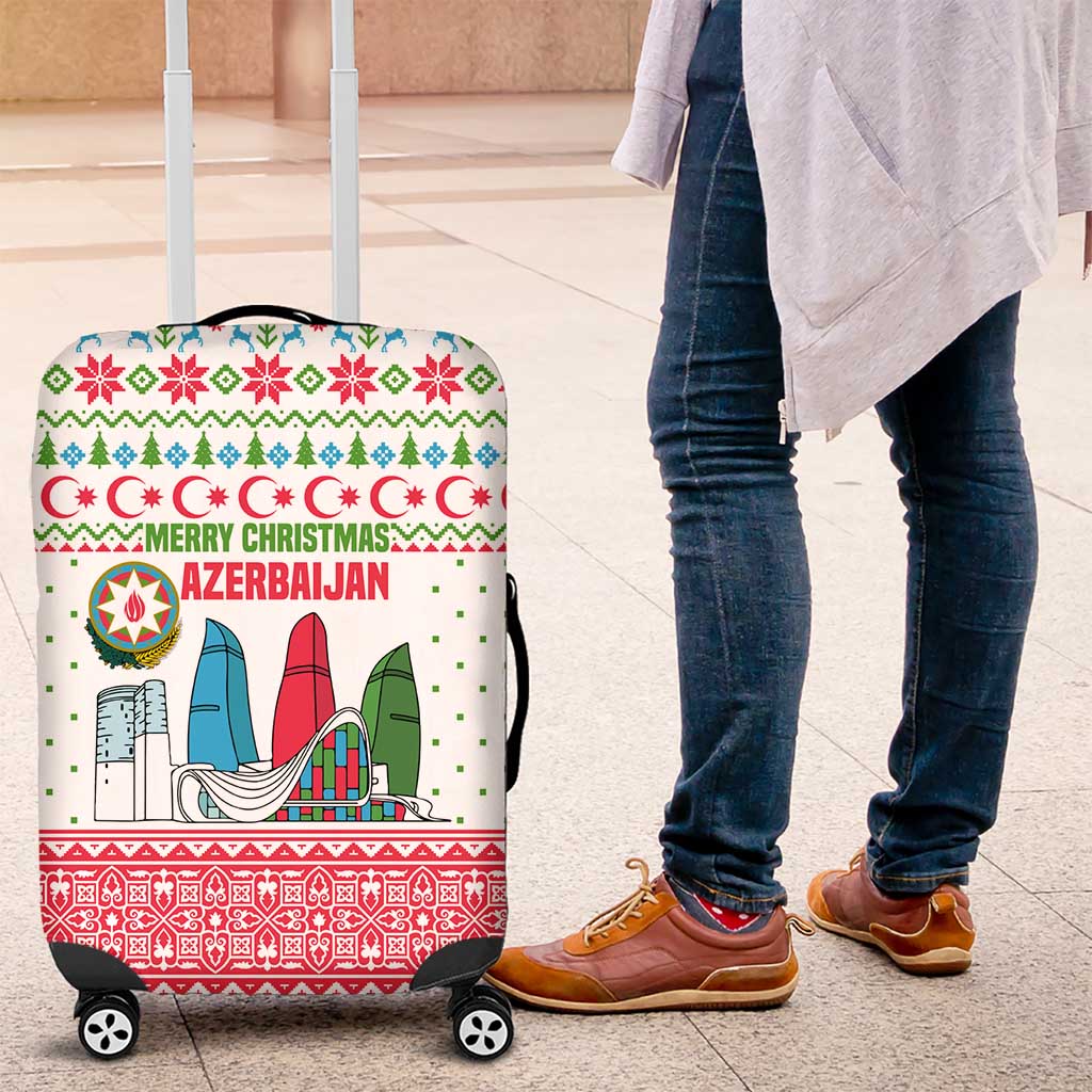 Azerbaijan Christmas Luggage Cover with Baku Skyline Azerbaijan Flag and Red Green Snowflake Pattern Design - Wonder Print Shop