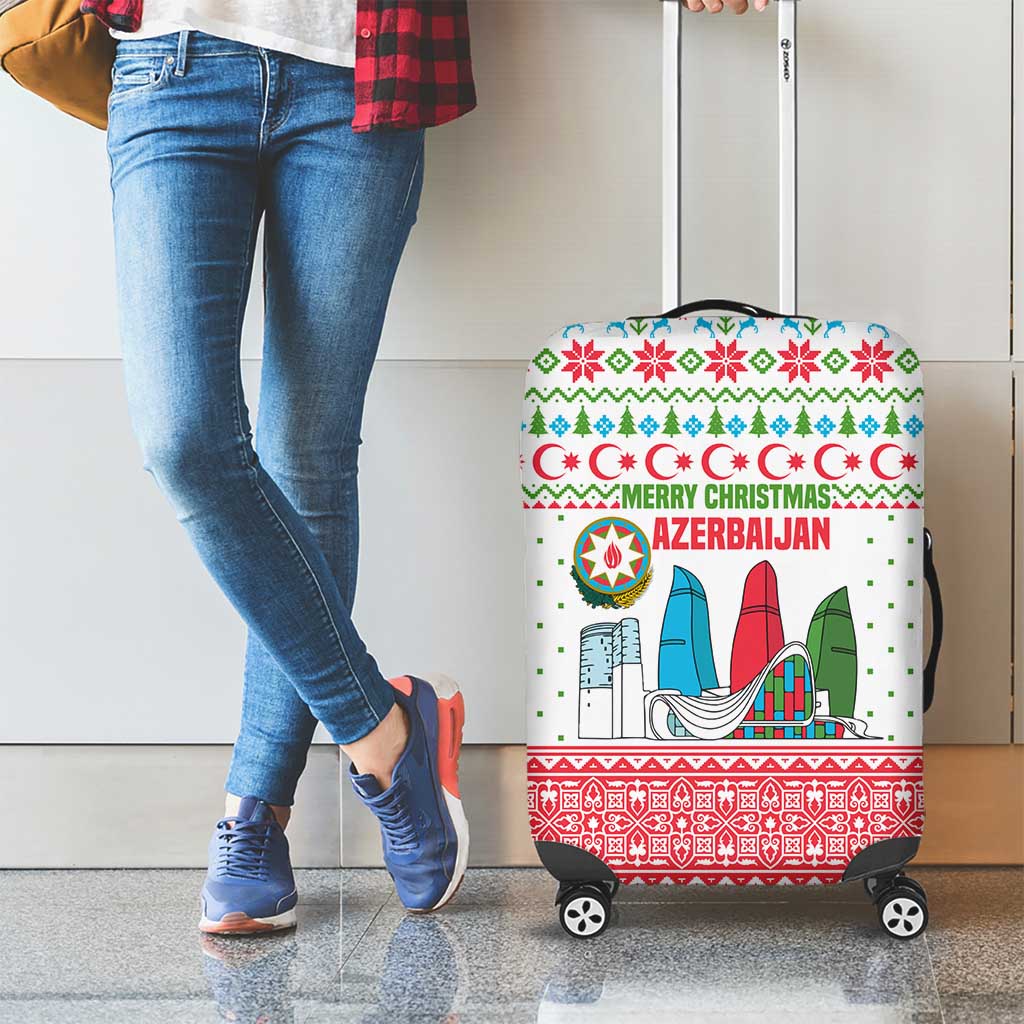 Azerbaijan Christmas Luggage Cover with Baku Skyline Azerbaijan Flag and Red Green Snowflake Pattern Design - Wonder Print Shop
