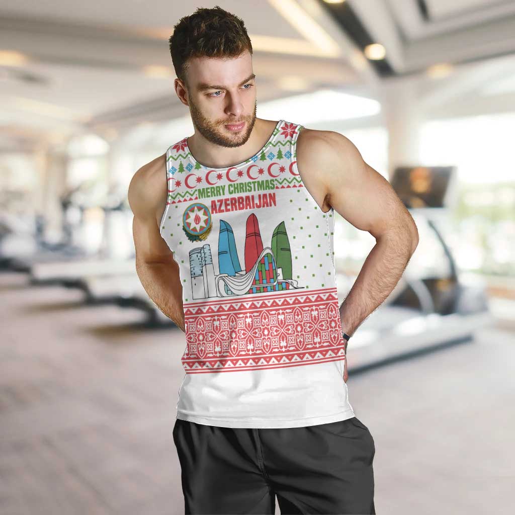 Azerbaijan Christmas Men Tank Top with Baku Skyline Azerbaijan Flag and Red Green Snowflake Pattern Design - Wonder Print Shop