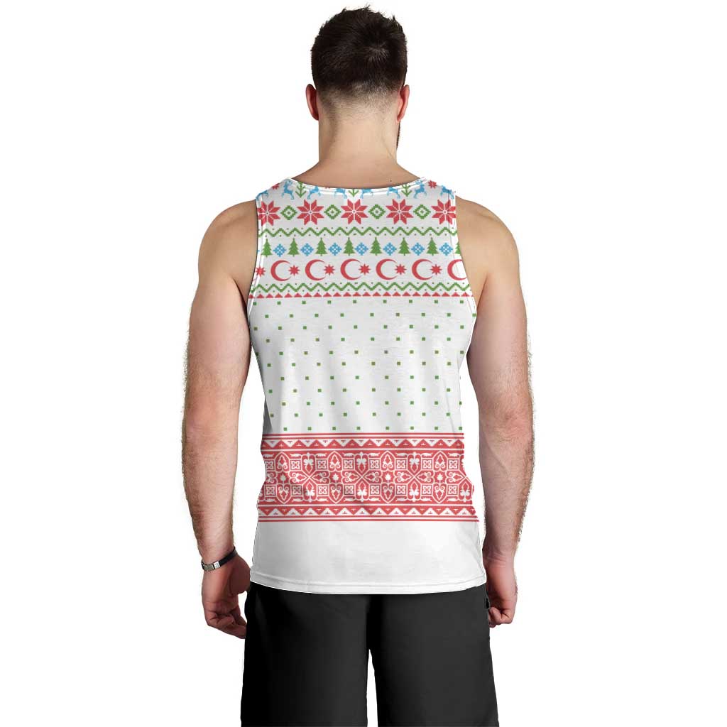 Azerbaijan Christmas Men Tank Top with Baku Skyline Azerbaijan Flag and Red Green Snowflake Pattern Design - Wonder Print Shop