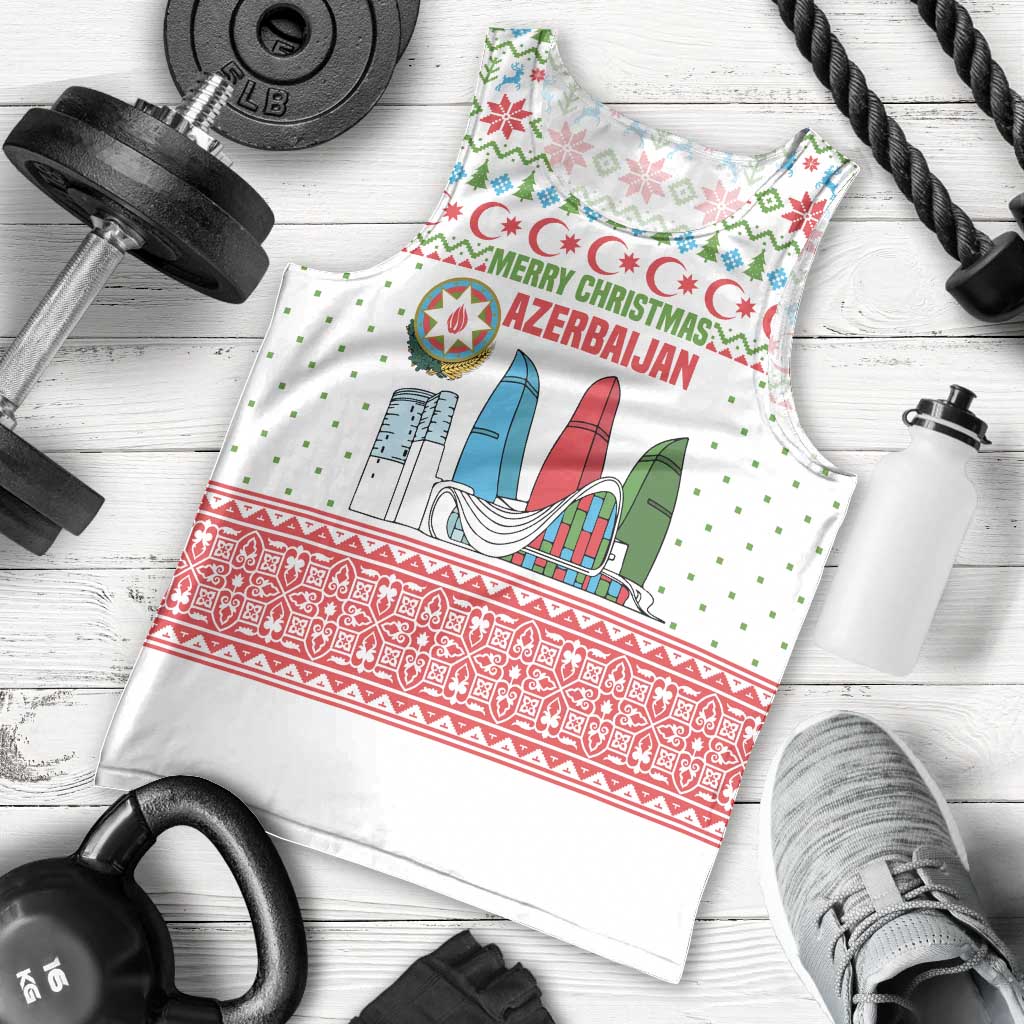 Azerbaijan Christmas Men Tank Top with Baku Skyline Azerbaijan Flag and Red Green Snowflake Pattern Design - Wonder Print Shop