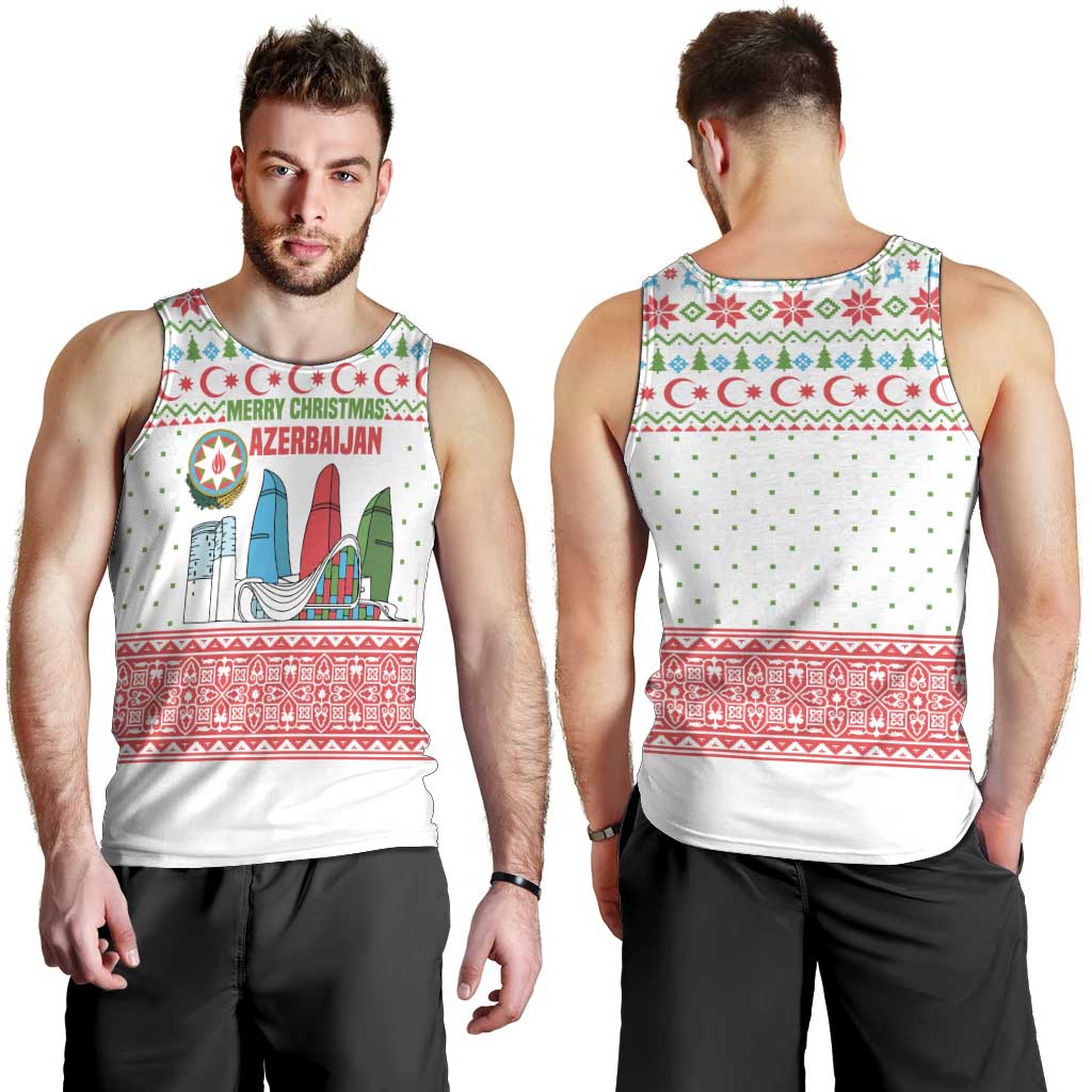 Azerbaijan Christmas Men Tank Top with Baku Skyline Azerbaijan Flag and Red Green Snowflake Pattern Design - Wonder Print Shop