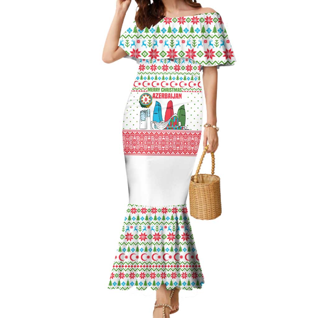Azerbaijan Christmas Mermaid Dress with Baku Skyline Azerbaijan Flag and Red Green Snowflake Pattern Design - Wonder Print Shop