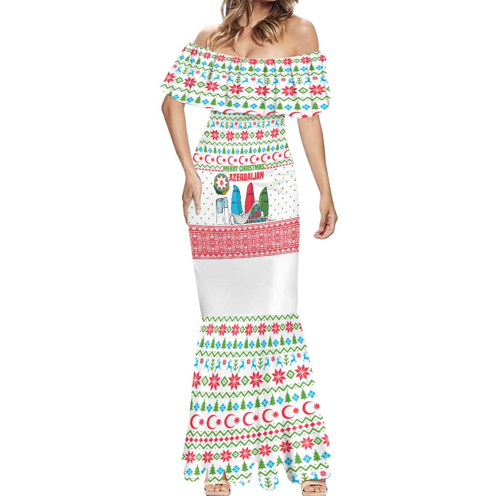 Azerbaijan Christmas Mermaid Dress with Baku Skyline Azerbaijan Flag and Red Green Snowflake Pattern Design - Wonder Print Shop