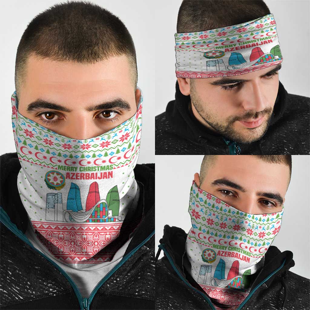 Azerbaijan Christmas Neck Gaiter with Baku Skyline Azerbaijan Flag and Red Green Snowflake Pattern Design - Wonder Print Shop