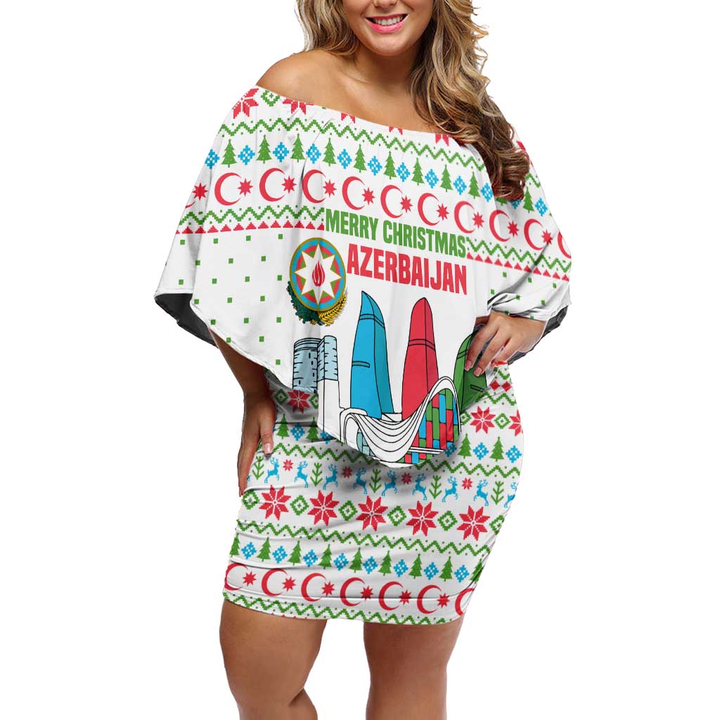 Azerbaijan Christmas Off Shoulder Short Dress with Baku Skyline Azerbaijan Flag and Red Green Snowflake Pattern Design - Wonder Print Shop