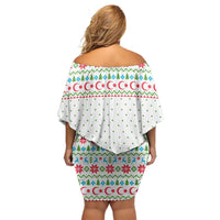 Azerbaijan Christmas Off Shoulder Short Dress with Baku Skyline Azerbaijan Flag and Red Green Snowflake Pattern Design - Wonder Print Shop