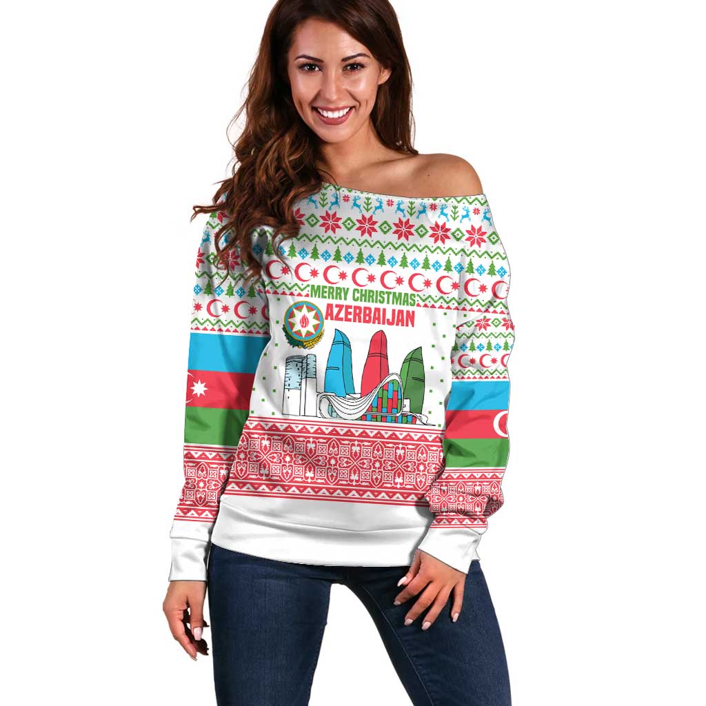 Azerbaijan Christmas Off Shoulder Sweater with Baku Skyline Azerbaijan Flag and Red Green Snowflake Pattern Design - Wonder Print Shop