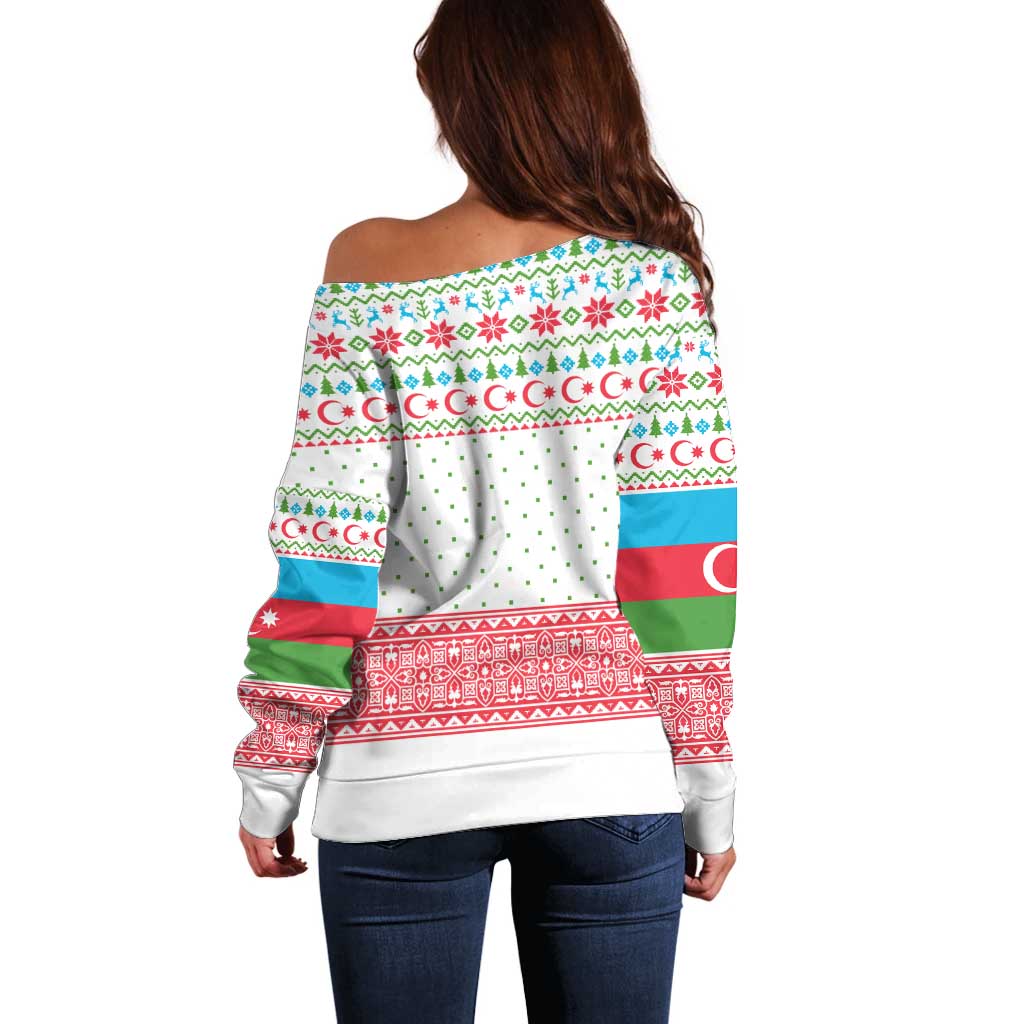 Azerbaijan Christmas Off Shoulder Sweater with Baku Skyline Azerbaijan Flag and Red Green Snowflake Pattern Design - Wonder Print Shop