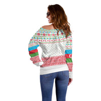 Azerbaijan Christmas Off Shoulder Sweater with Baku Skyline Azerbaijan Flag and Red Green Snowflake Pattern Design - Wonder Print Shop