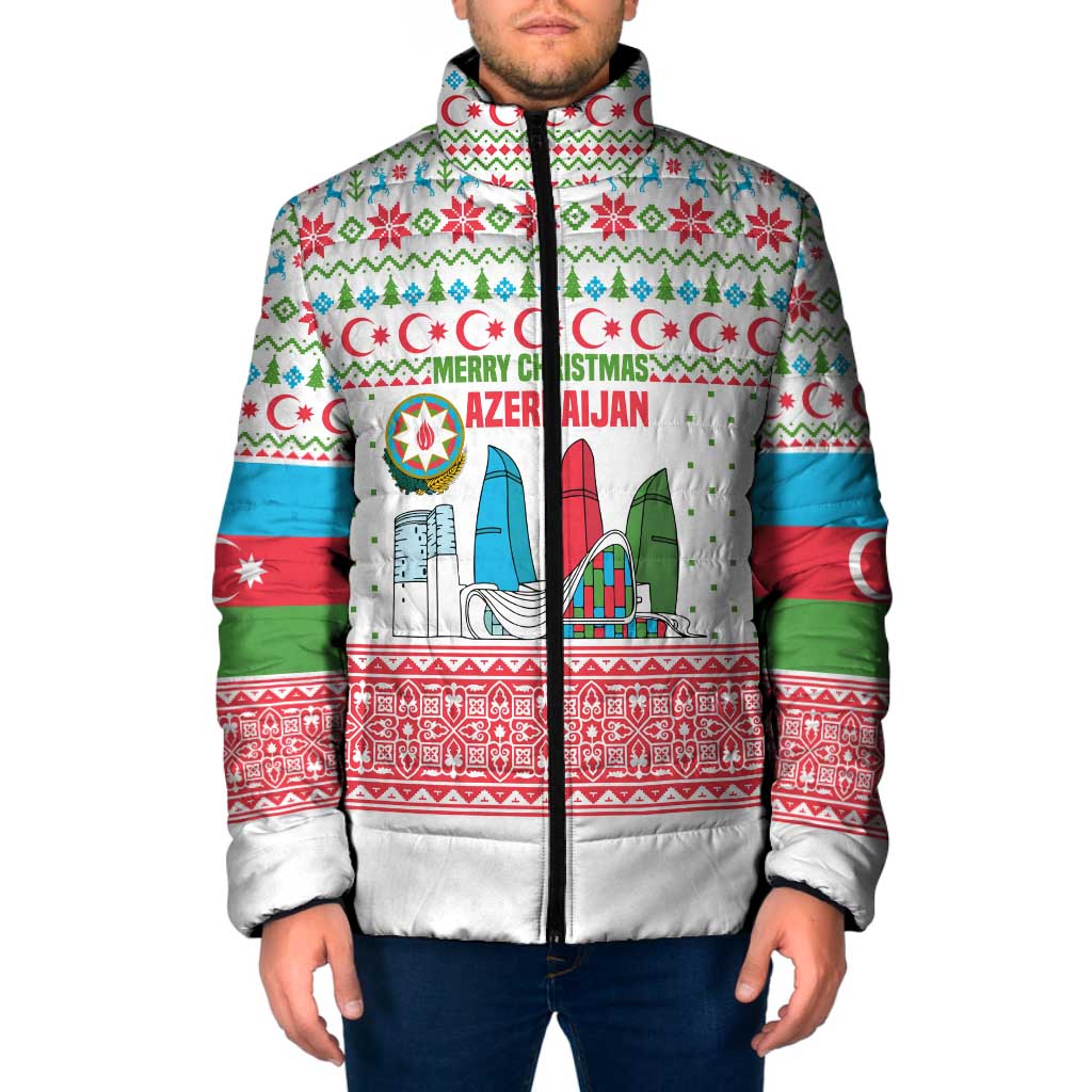 Azerbaijan Christmas Padded Jacket with Baku Skyline Azerbaijan Flag and Red Green Snowflake Pattern Design - Wonder Print Shop