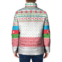 Azerbaijan Christmas Padded Jacket with Baku Skyline Azerbaijan Flag and Red Green Snowflake Pattern Design - Wonder Print Shop