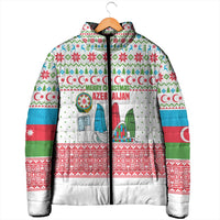 Azerbaijan Christmas Padded Jacket with Baku Skyline Azerbaijan Flag and Red Green Snowflake Pattern Design - Wonder Print Shop
