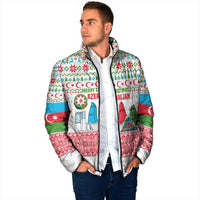 Azerbaijan Christmas Padded Jacket with Baku Skyline Azerbaijan Flag and Red Green Snowflake Pattern Design - Wonder Print Shop