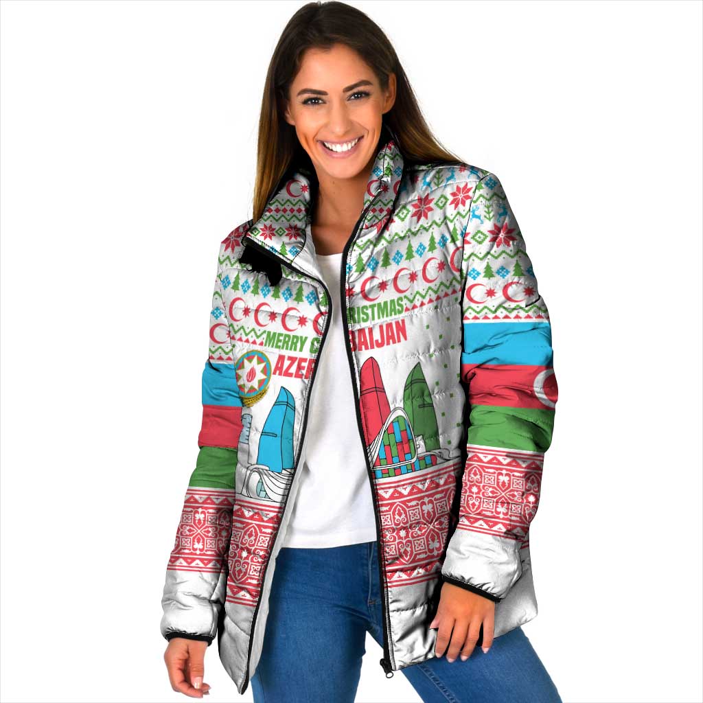 Azerbaijan Christmas Padded Jacket with Baku Skyline Azerbaijan Flag and Red Green Snowflake Pattern Design - Wonder Print Shop