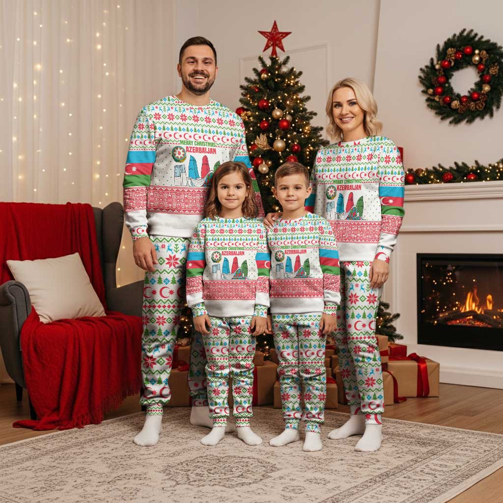 Azerbaijan Christmas Pajama Set with Baku Skyline Azerbaijan Flag and Red Green Snowflake Pattern Design - Wonder Print Shop