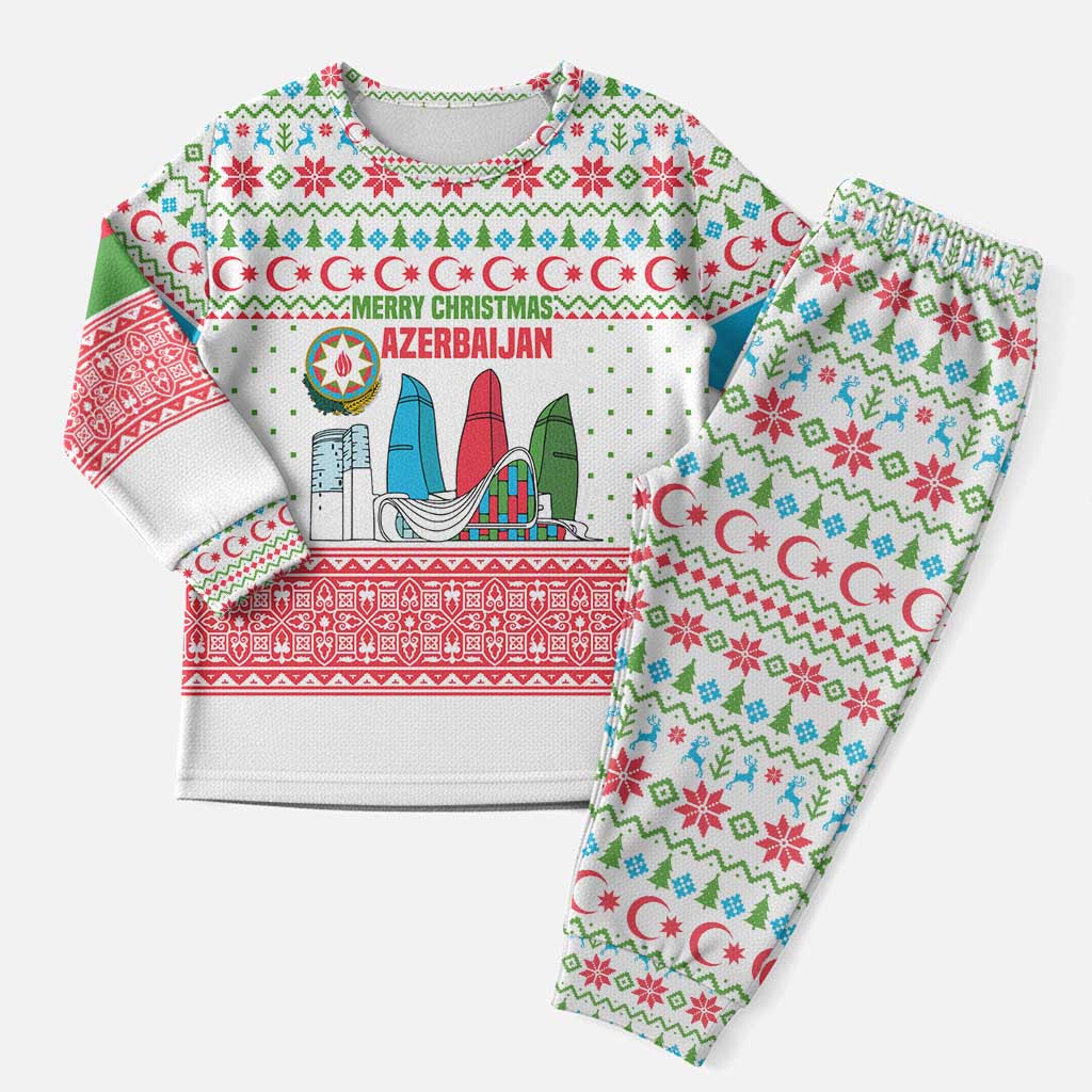 Azerbaijan Christmas Pajama Set with Baku Skyline Azerbaijan Flag and Red Green Snowflake Pattern Design - Wonder Print Shop