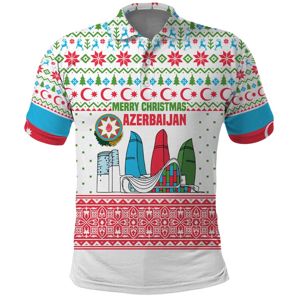 Azerbaijan Christmas Polo Shirt with Baku Skyline Azerbaijan Flag and Red Green Snowflake Pattern Design - Wonder Print Shop