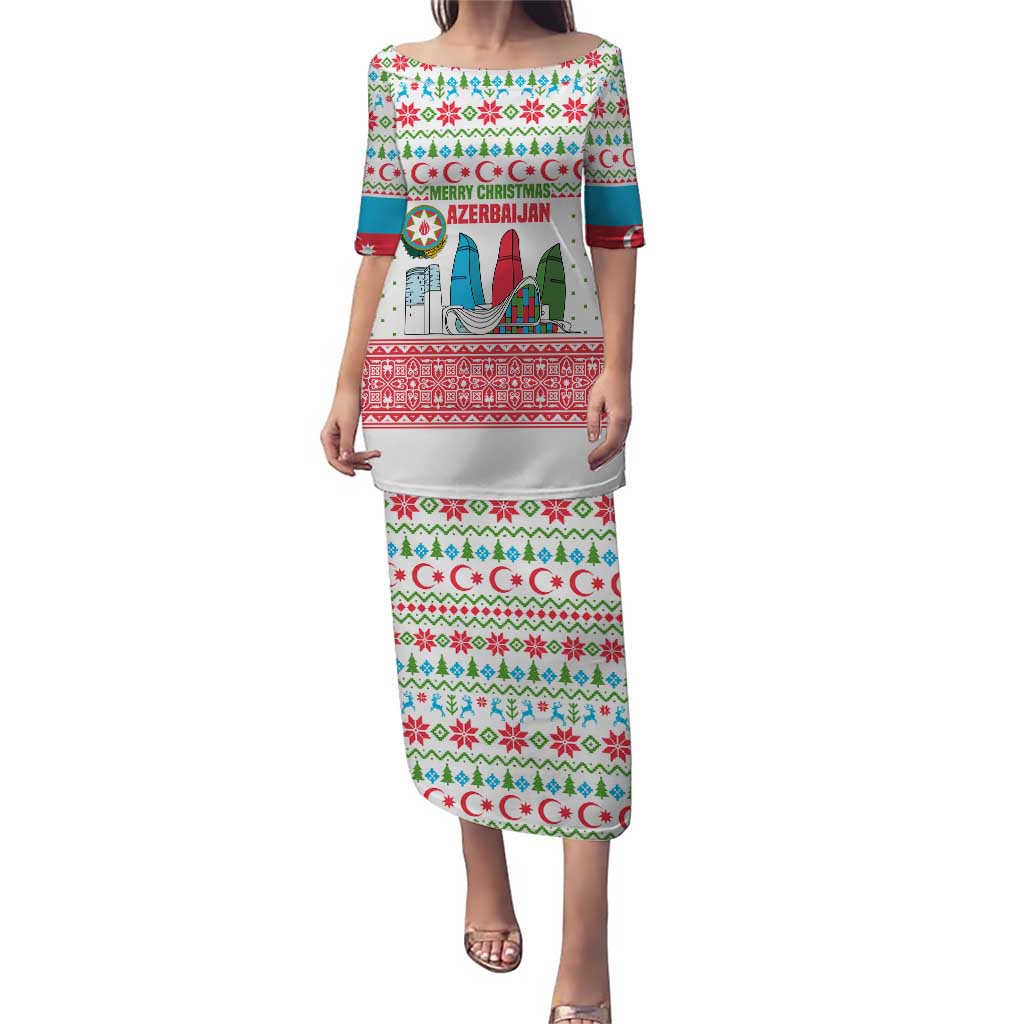 Azerbaijan Christmas Puletasi with Baku Skyline Azerbaijan Flag and Red Green Snowflake Pattern Design - Wonder Print Shop
