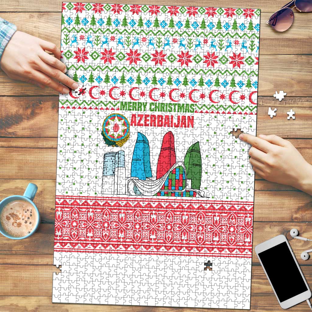 Azerbaijan Christmas Puzzle with Baku Skyline Azerbaijan Flag and Red Green Snowflake Pattern Design - Wonder Print Shop
