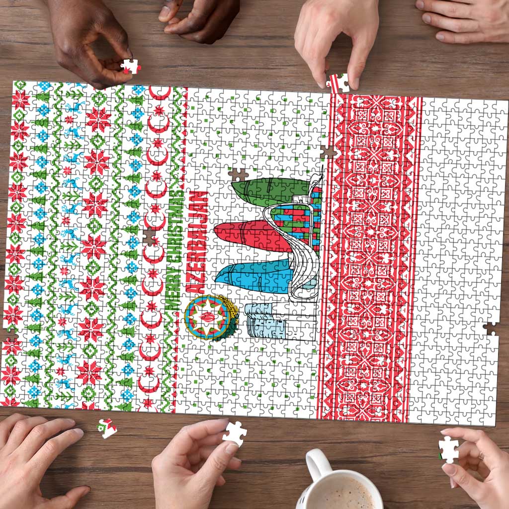 Azerbaijan Christmas Puzzle with Baku Skyline Azerbaijan Flag and Red Green Snowflake Pattern Design - Wonder Print Shop