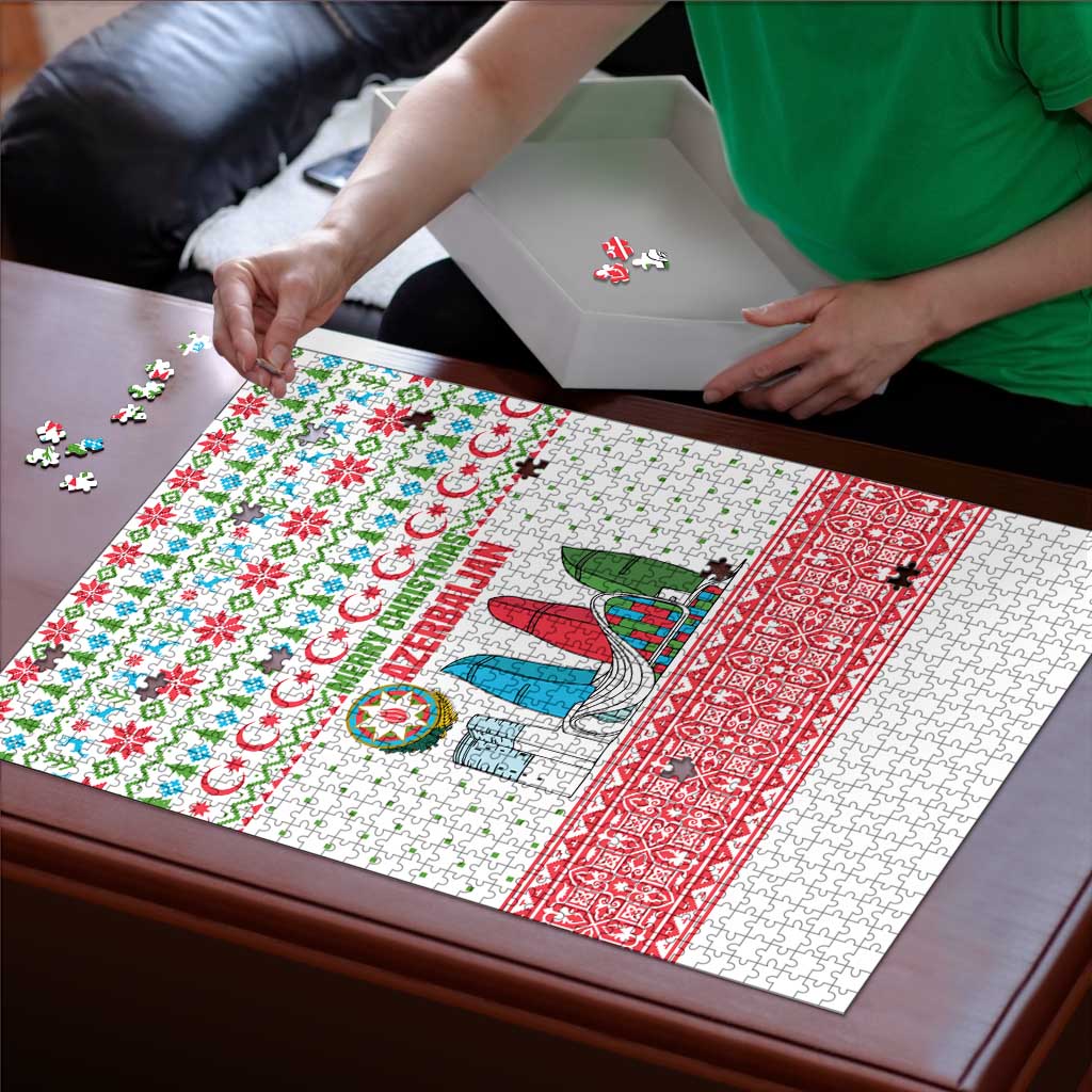 Azerbaijan Christmas Puzzle with Baku Skyline Azerbaijan Flag and Red Green Snowflake Pattern Design - Wonder Print Shop