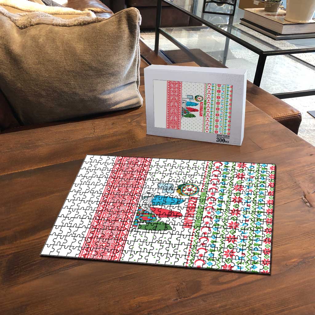 Azerbaijan Christmas Puzzle with Baku Skyline Azerbaijan Flag and Red Green Snowflake Pattern Design - Wonder Print Shop