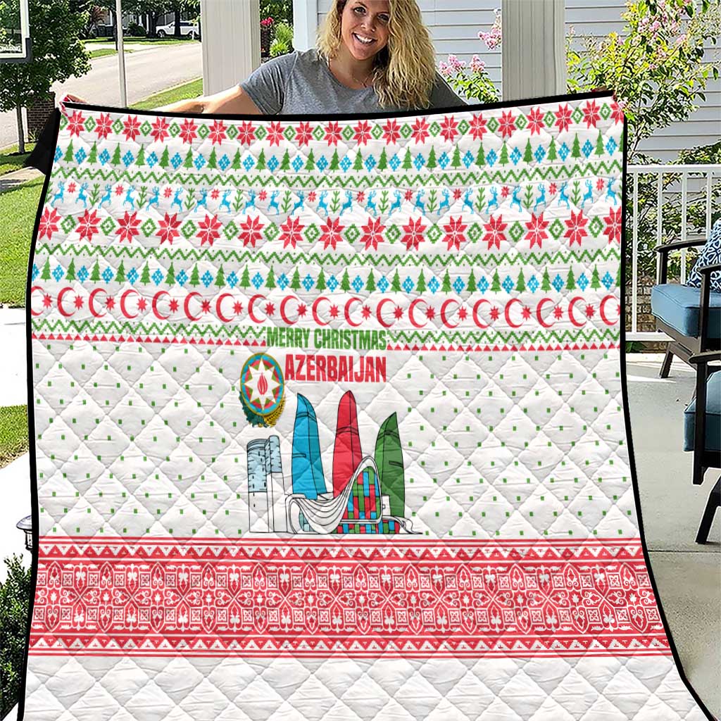 Azerbaijan Christmas Quilt with Baku Skyline Azerbaijan Flag and Red Green Snowflake Pattern Design - Wonder Print Shop