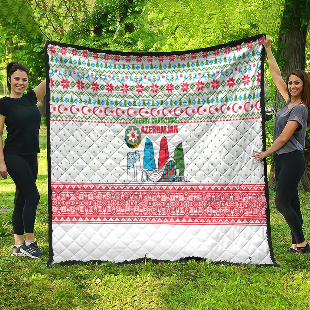 Azerbaijan Christmas Quilt with Baku Skyline Azerbaijan Flag and Red Green Snowflake Pattern Design - Wonder Print Shop