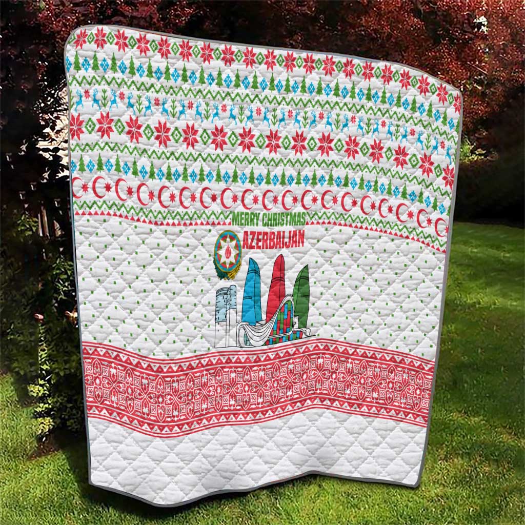 Azerbaijan Christmas Quilt with Baku Skyline Azerbaijan Flag and Red Green Snowflake Pattern Design - Wonder Print Shop