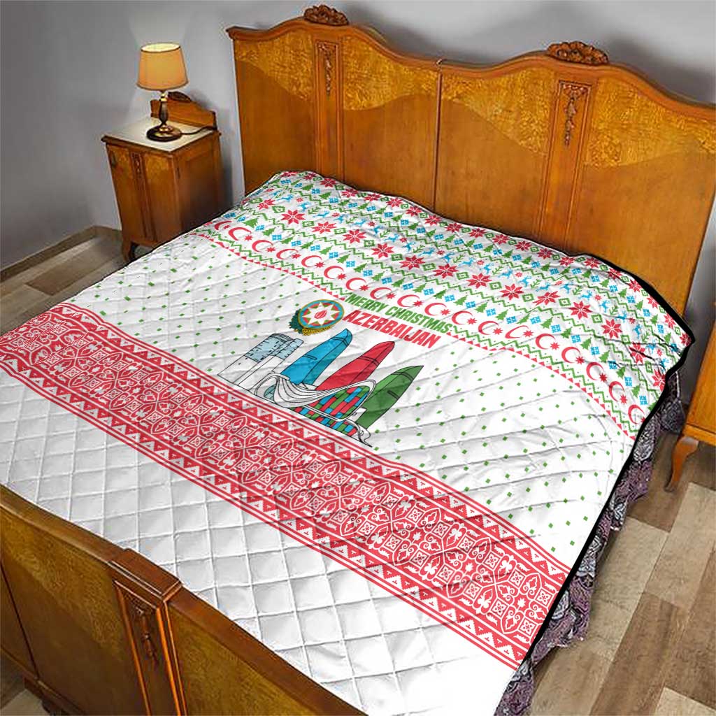Azerbaijan Christmas Quilt with Baku Skyline Azerbaijan Flag and Red Green Snowflake Pattern Design - Wonder Print Shop