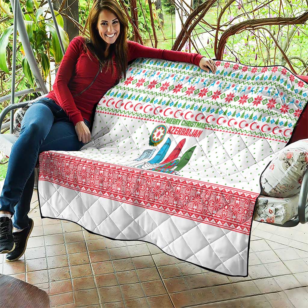 Azerbaijan Christmas Quilt with Baku Skyline Azerbaijan Flag and Red Green Snowflake Pattern Design - Wonder Print Shop