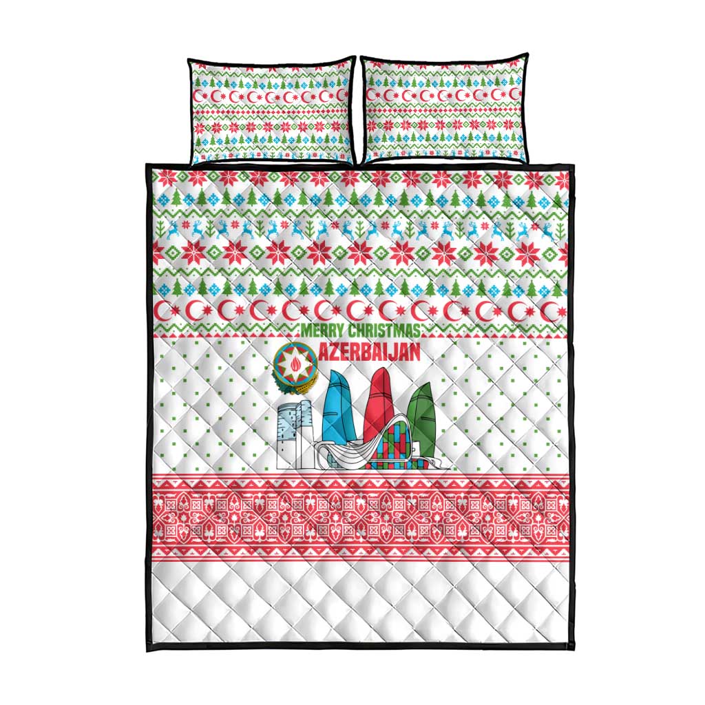 Azerbaijan Christmas Quilt Bed Set with Baku Skyline Azerbaijan Flag and Red Green Snowflake Pattern Design - Wonder Print Shop