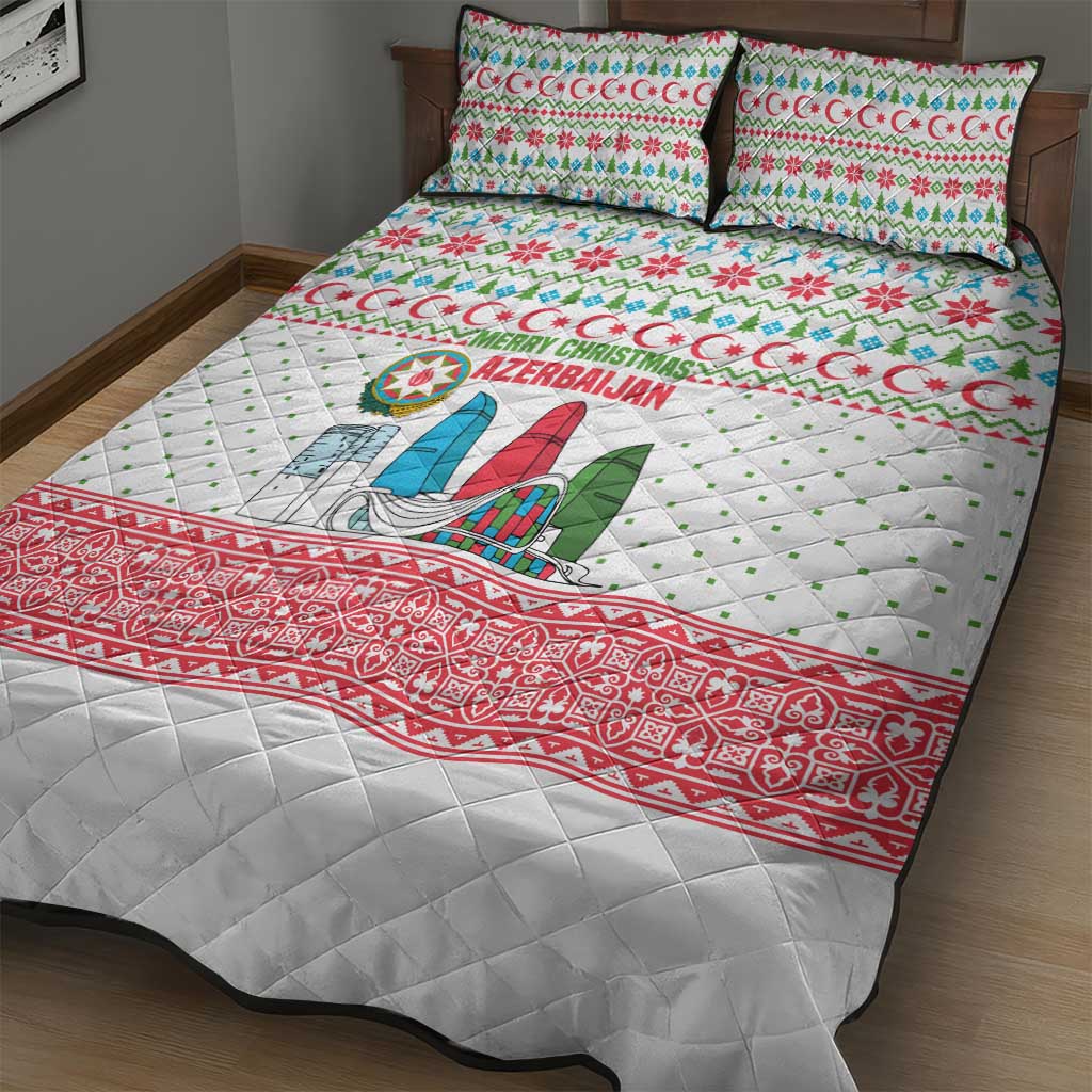 Azerbaijan Christmas Quilt Bed Set with Baku Skyline Azerbaijan Flag and Red Green Snowflake Pattern Design - Wonder Print Shop