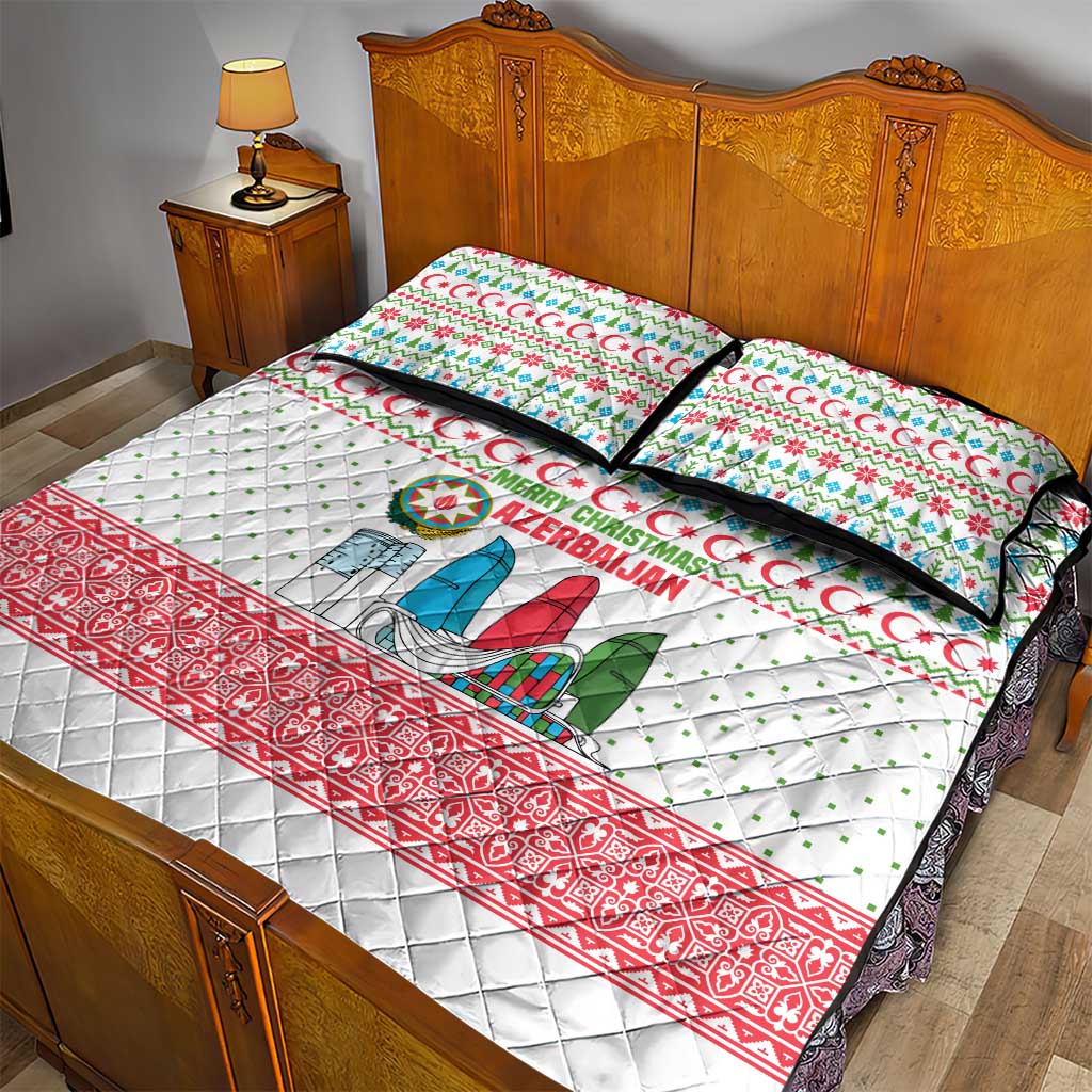 Azerbaijan Christmas Quilt Bed Set with Baku Skyline Azerbaijan Flag and Red Green Snowflake Pattern Design - Wonder Print Shop