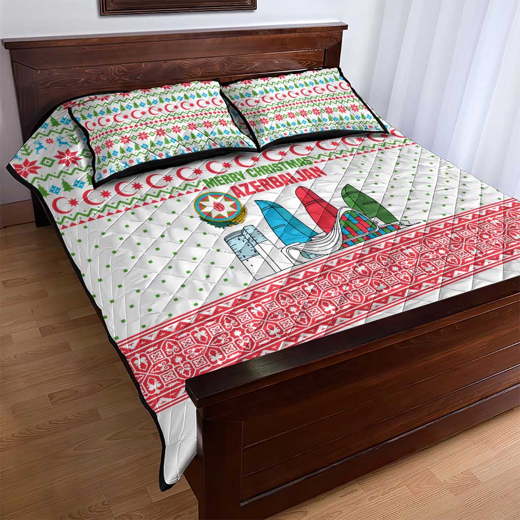 Azerbaijan Christmas Quilt Bed Set with Baku Skyline Azerbaijan Flag and Red Green Snowflake Pattern Design - Wonder Print Shop