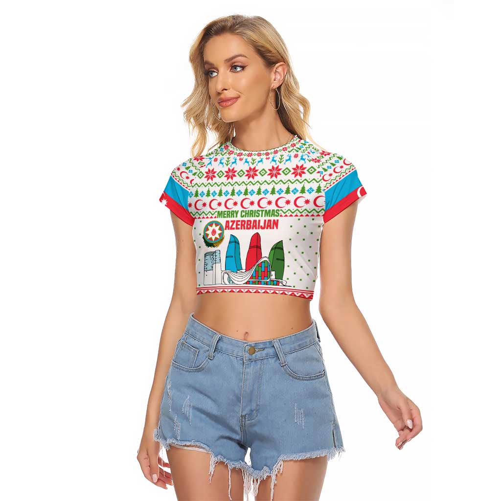 Azerbaijan Christmas Raglan Cropped T Shirt with Baku Skyline Azerbaijan Flag and Red Green Snowflake Pattern Design - Wonder Print Shop