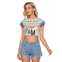 Azerbaijan Christmas Raglan Cropped T Shirt with Baku Skyline Azerbaijan Flag and Red Green Snowflake Pattern Design - Wonder Print Shop