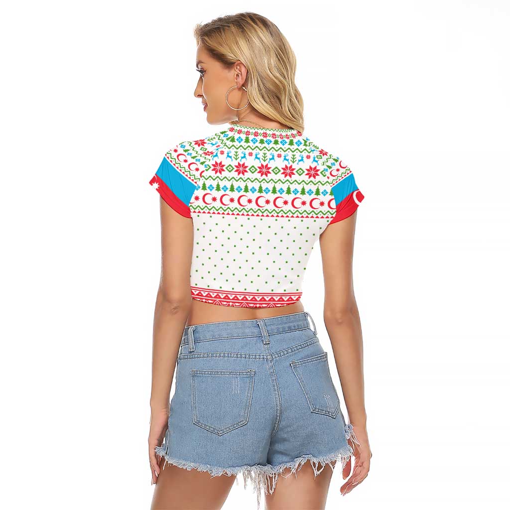 Azerbaijan Christmas Raglan Cropped T Shirt with Baku Skyline Azerbaijan Flag and Red Green Snowflake Pattern Design - Wonder Print Shop