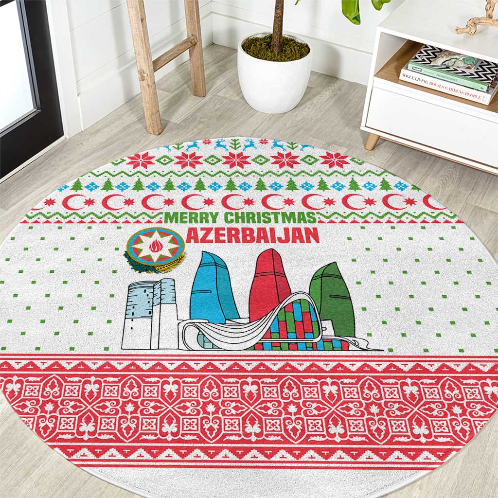Azerbaijan Christmas Round Carpet with Baku Skyline Azerbaijan Flag and Red Green Snowflake Pattern Design - Wonder Print Shop