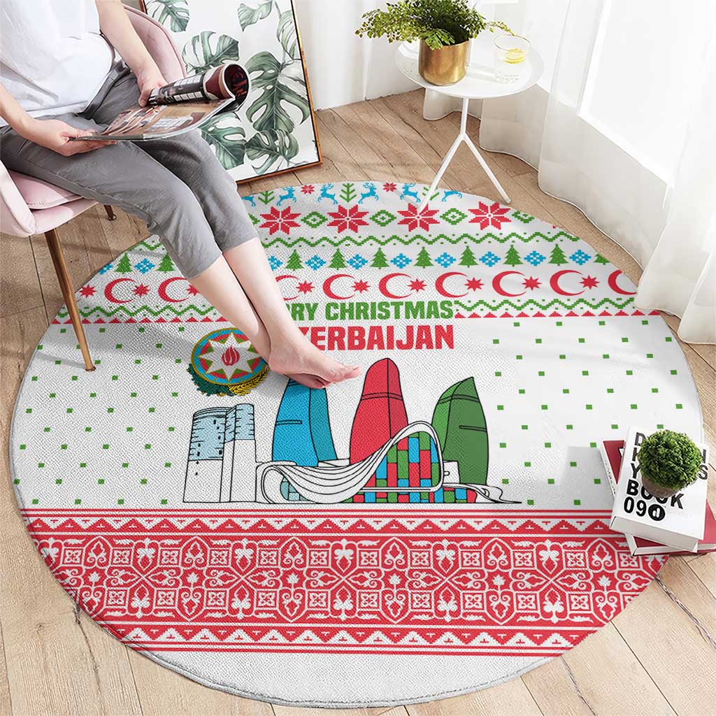 Azerbaijan Christmas Round Carpet with Baku Skyline Azerbaijan Flag and Red Green Snowflake Pattern Design - Wonder Print Shop