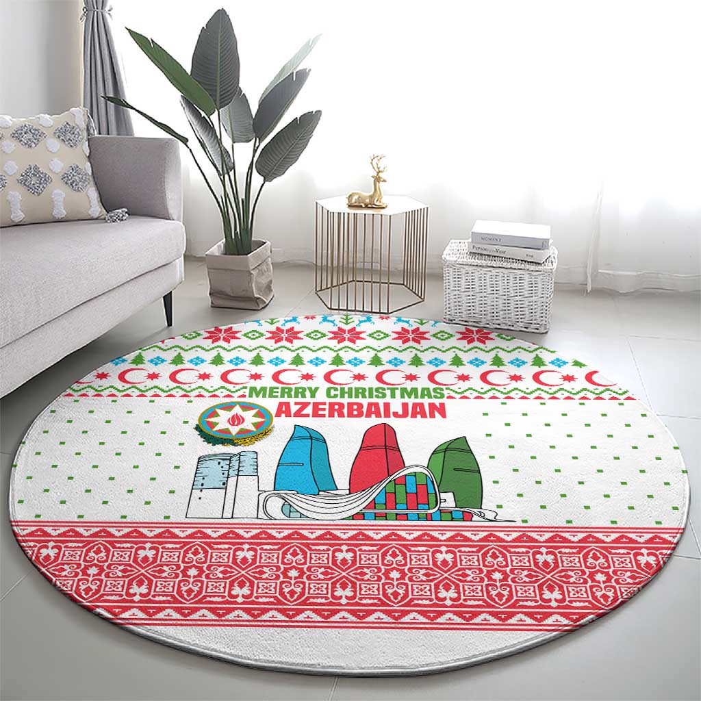 Azerbaijan Christmas Round Carpet with Baku Skyline Azerbaijan Flag and Red Green Snowflake Pattern Design - Wonder Print Shop