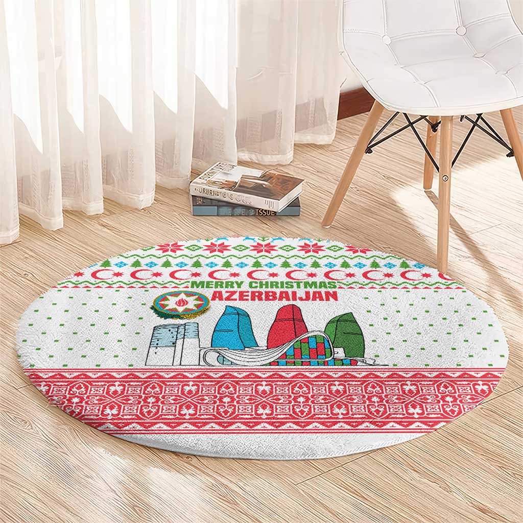 Azerbaijan Christmas Round Carpet with Baku Skyline Azerbaijan Flag and Red Green Snowflake Pattern Design - Wonder Print Shop