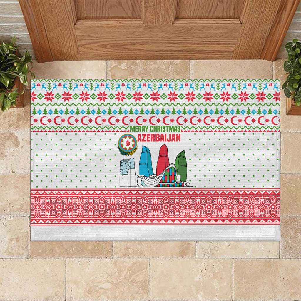 Azerbaijan Christmas Rubber Doormat with Baku Skyline Azerbaijan Flag and Red Green Snowflake Pattern Design - Wonder Print Shop