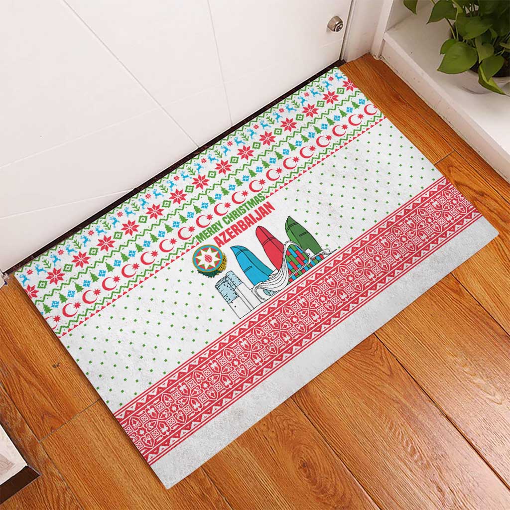 Azerbaijan Christmas Rubber Doormat with Baku Skyline Azerbaijan Flag and Red Green Snowflake Pattern Design - Wonder Print Shop