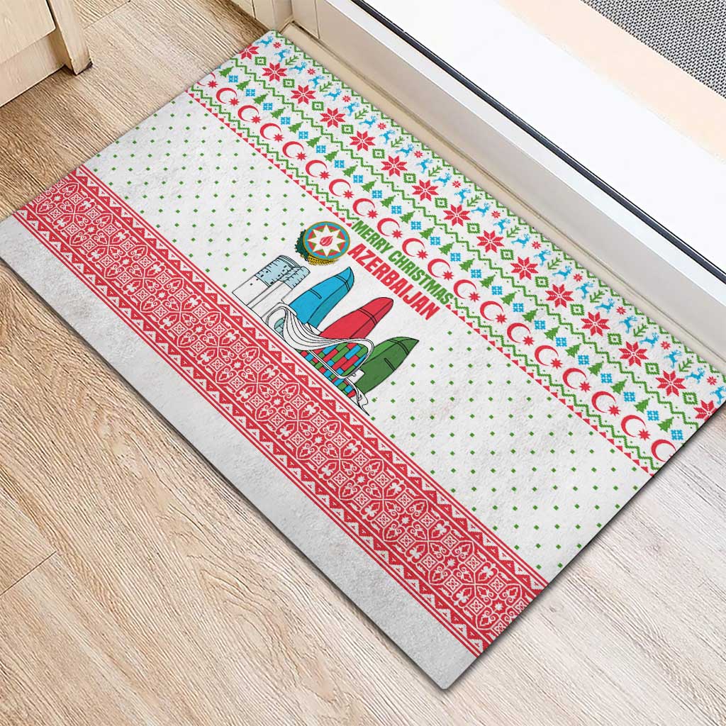 Azerbaijan Christmas Rubber Doormat with Baku Skyline Azerbaijan Flag and Red Green Snowflake Pattern Design - Wonder Print Shop