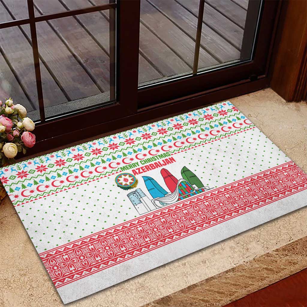 Azerbaijan Christmas Rubber Doormat with Baku Skyline Azerbaijan Flag and Red Green Snowflake Pattern Design - Wonder Print Shop