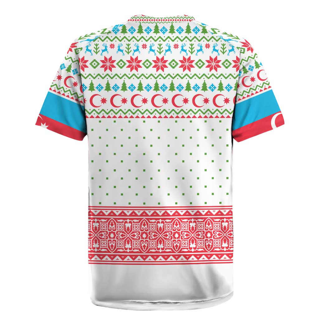 Azerbaijan Christmas Rugby Jersey with Baku Skyline Azerbaijan Flag and Red Green Snowflake Pattern Design - Wonder Print Shop