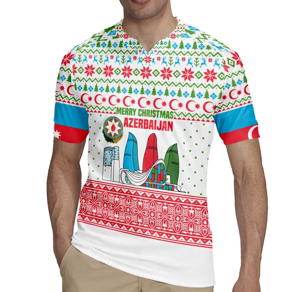 Azerbaijan Christmas Rugby Jersey with Baku Skyline Azerbaijan Flag and Red Green Snowflake Pattern Design - Wonder Print Shop