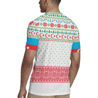 Azerbaijan Christmas Rugby Jersey with Baku Skyline Azerbaijan Flag and Red Green Snowflake Pattern Design - Wonder Print Shop